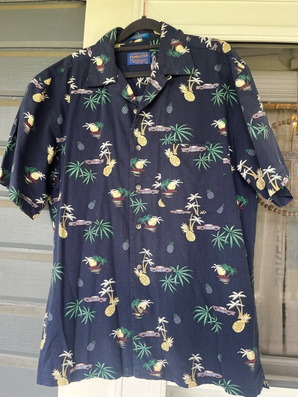 Pendleton Shirt Mens Medium Blue Hawaiian Pineapple Palm Trees Camp Classic